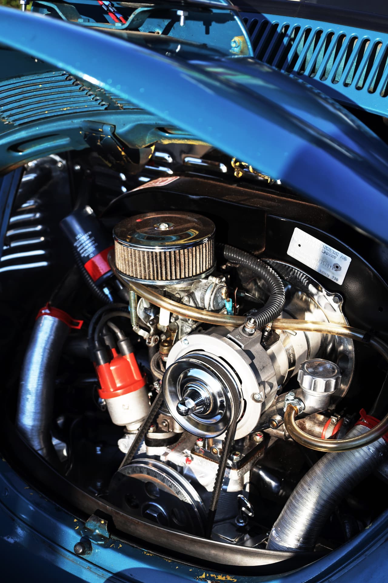 Detailed view of a vintage Volkswagen air-cooled engine bay