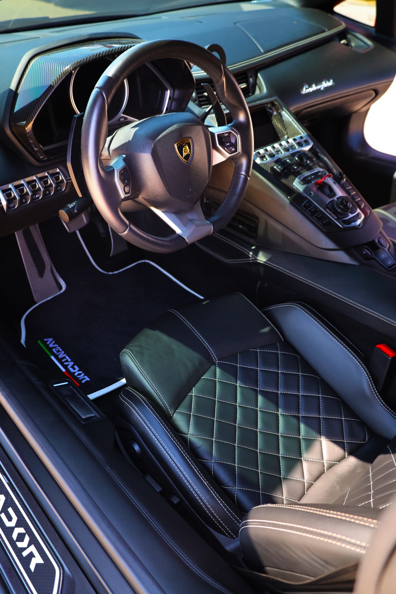 Lamborghini Aventador quilted leather interior and steering wheel detail